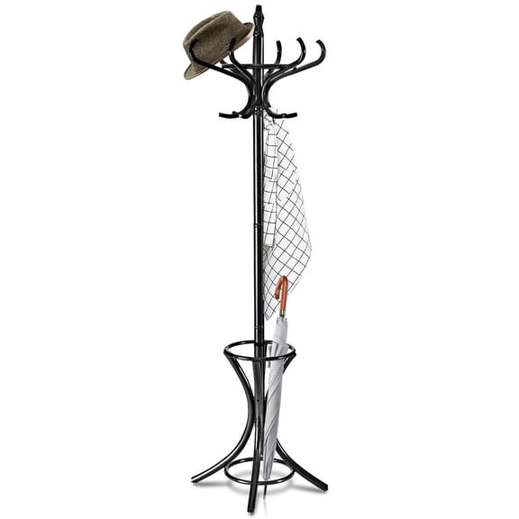 Gymax Wood Standing Hat Coat Rack Jacket Bag Hanger Tree 12 Hooks Black w/ Umbrella Stand