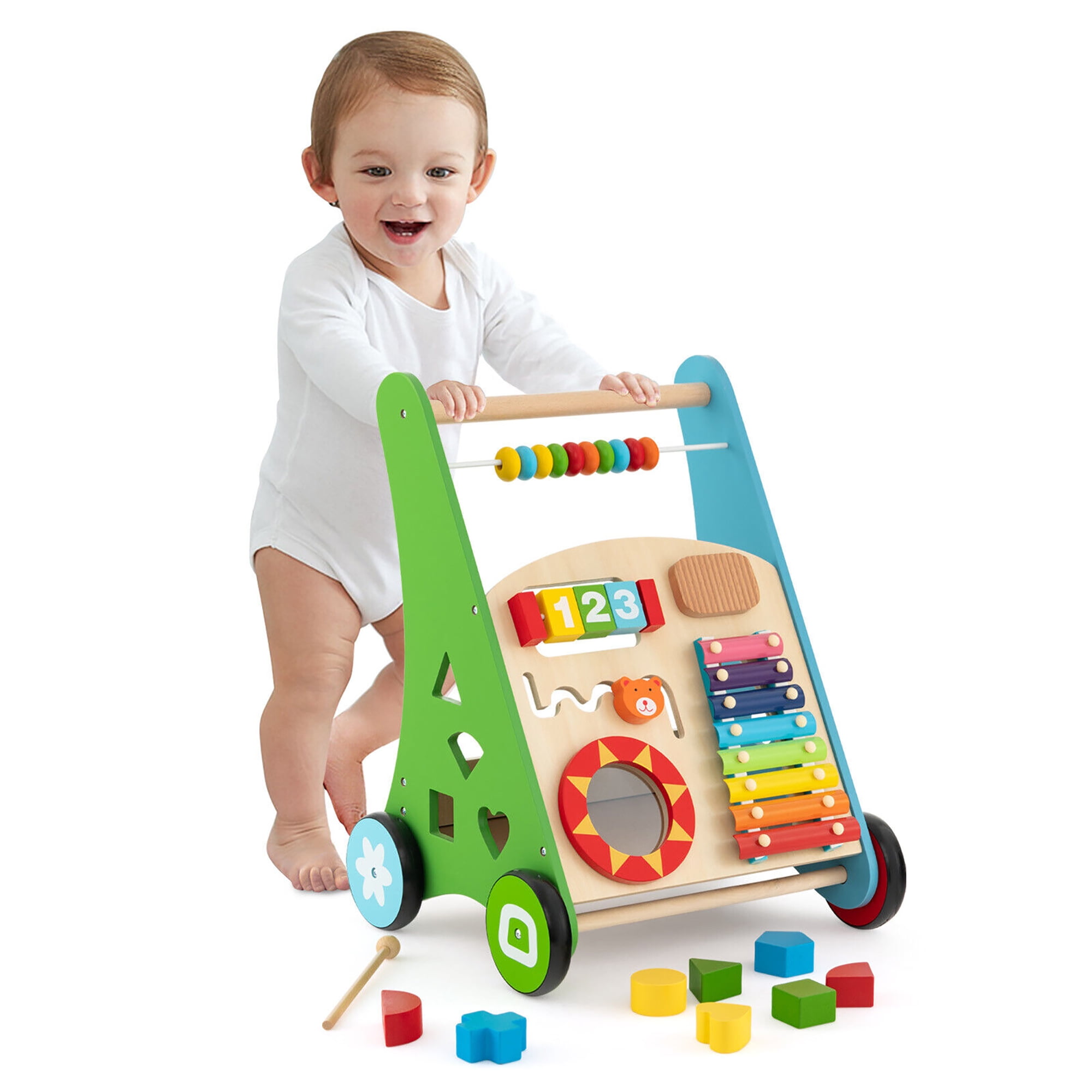Gymax Wooden Baby Walker Toddler Push and Pull Walker Learning Activity Center Toy