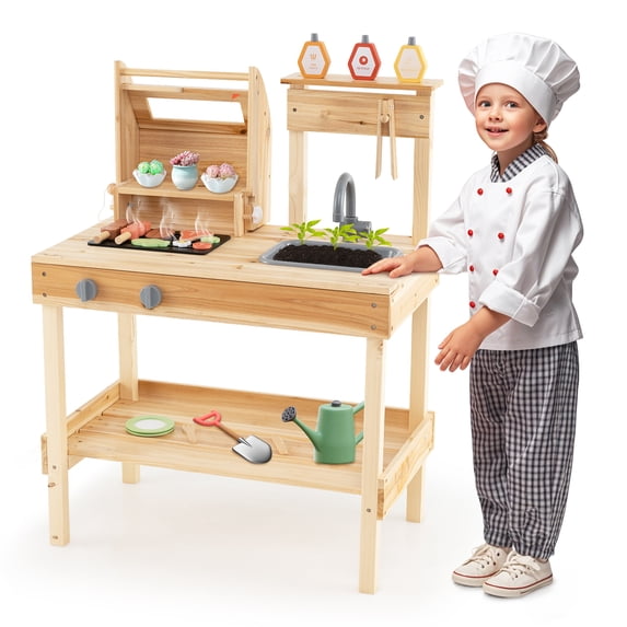 Gymax Wooden Barbecue Grill Playset w/ Play Food Grilling Tools & Accessories