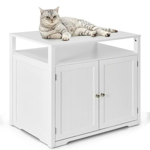 Gymax Wooden Cat Litter Box Enclosure with Storage Layer, White