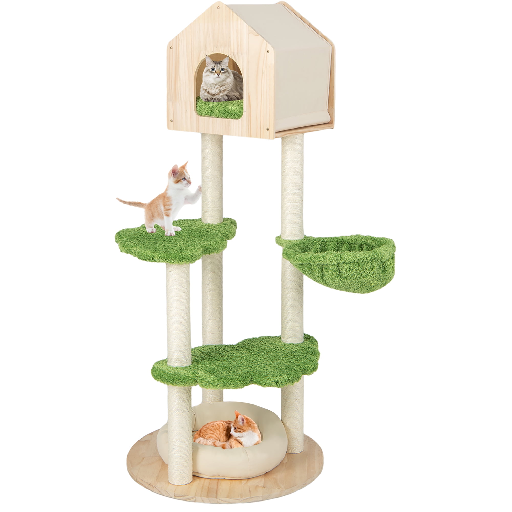Green and Beige 55'' Tall Wooden Cat Tree with Sisal Posts