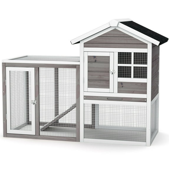 Gymax Wooden Chicken Coop 2-Story Rabbit Hutch Indoor Outdoor Use Gray+White+Black