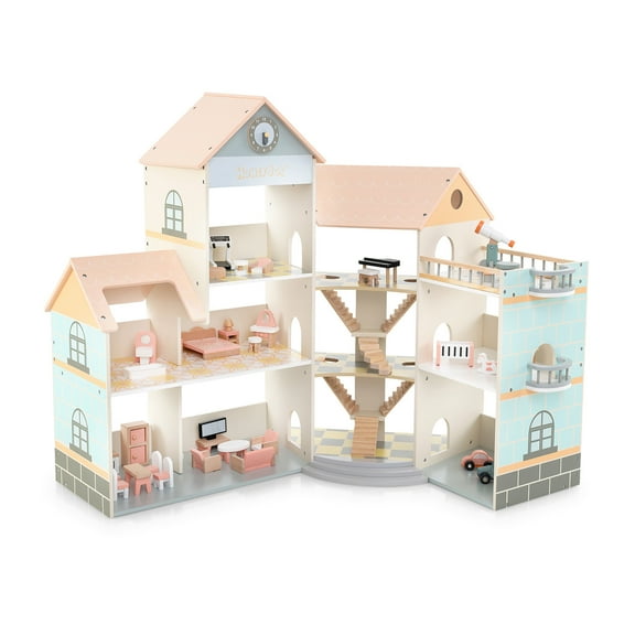 Gymax Wooden Corner Dollhouse Playset w/ 41 Pieces of Furniture and Accessories