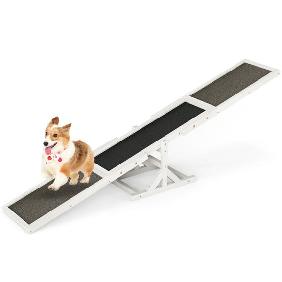 Gymax Wooden Dog Agility Seesaw Dog Exercise & Play Set Outdoor Run Game Toy White