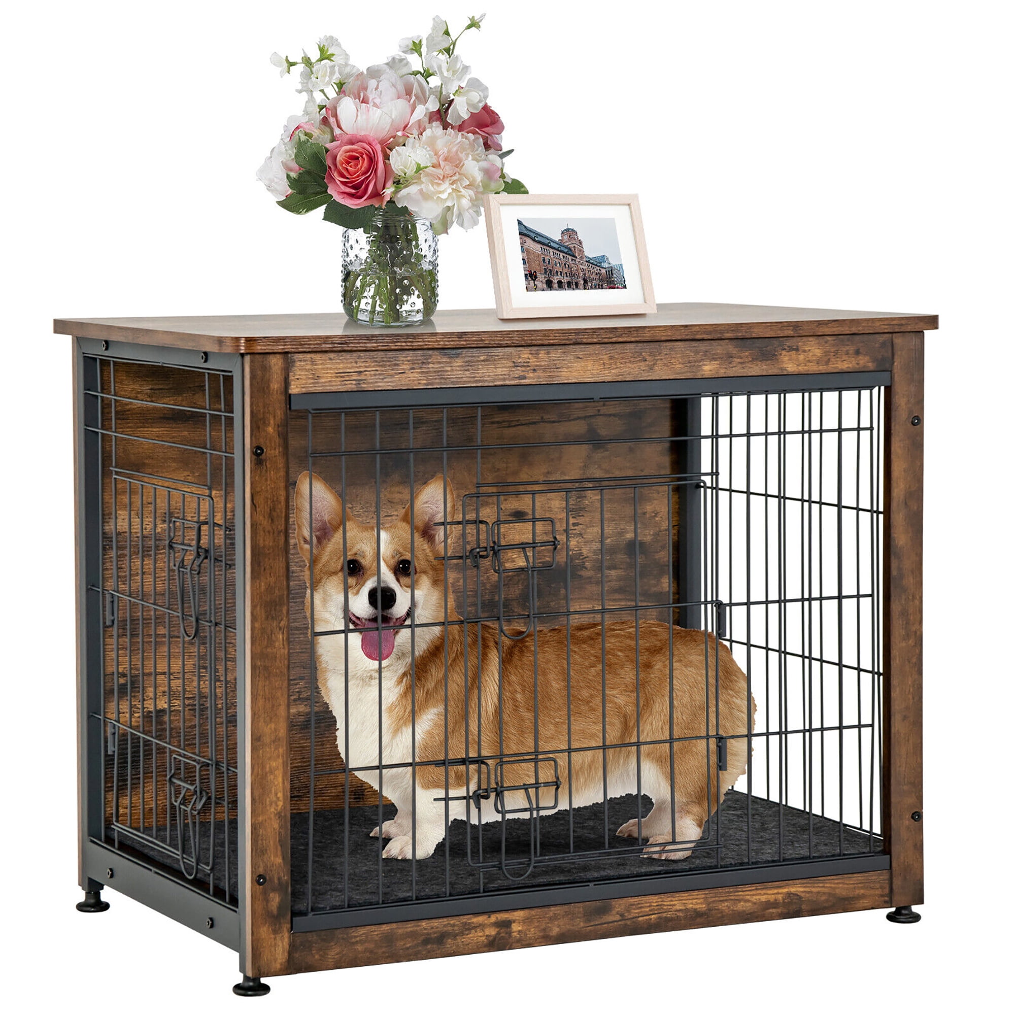 Rustic Brown Wooden Dog Crate End Table with Steel Mesh