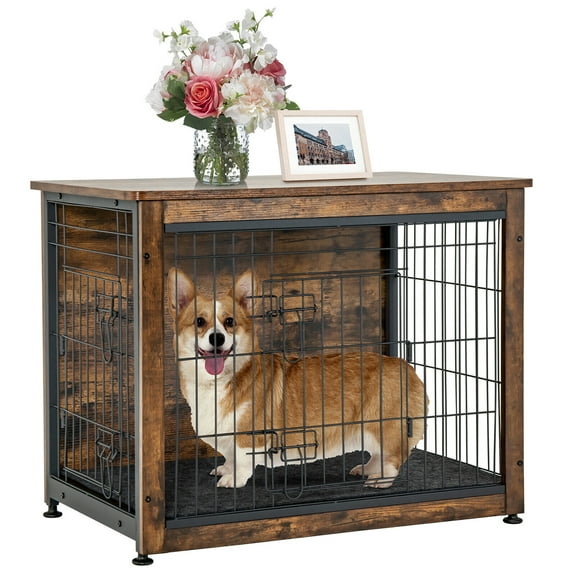 Gymax Wooden Dog Crate Furniture with Pad Bed Double Doors Dog Kennel End Table