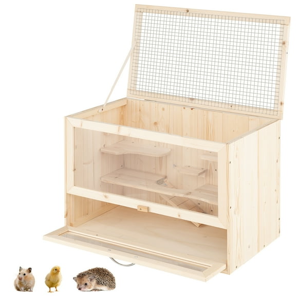 Gymax Wooden Hamster Cage Hamster Habitat Playpen w/ Mesh Flip Roof Multi-Ladder Areas