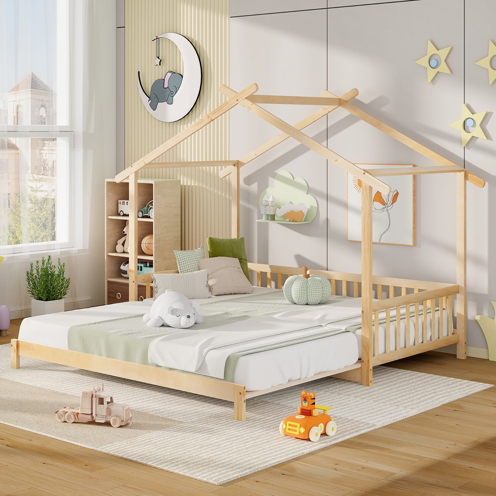 Gymax Wooden House Bed Twin to King Daybed w/ Safety Rails & Decorable Roof Natural