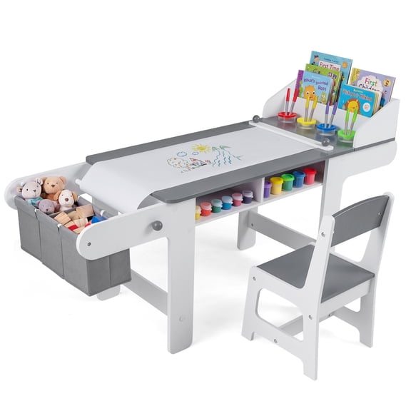 Gymax Wooden Kids Art Table & Chair Set w/Paper Roll&Fabric Bins for Drawing Reading