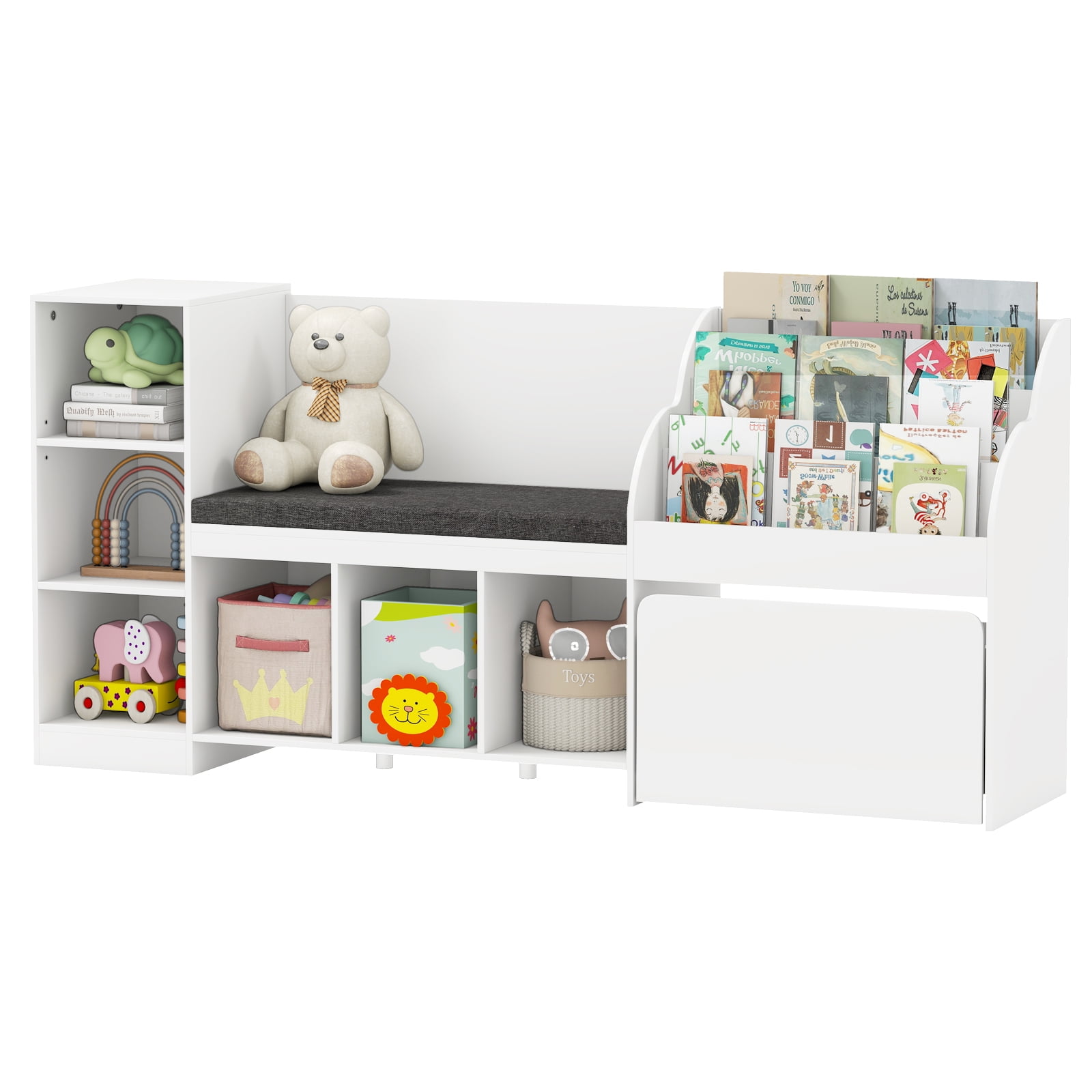 Gymax Wooden Kids Bookshelf w/Reading Nook Padded Seat Open Cubes Adjustable Shelf