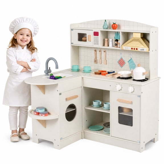 Gymax Wooden Play Kitchen for Kids w/Lights Sounds Stove Microwave Sink Accessories White