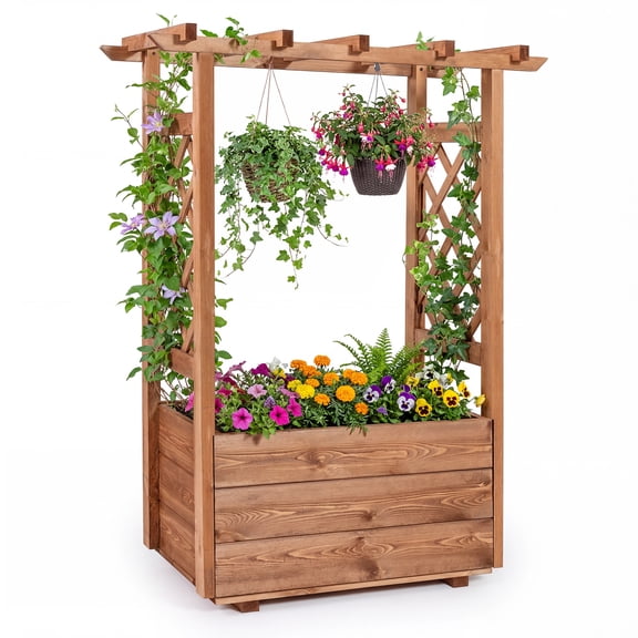 Gymax Wooden Raised Garden Bed/ Lattice Trellises Hanging Roof Drainage Indoor Outdoor
