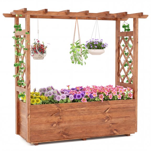 Gymax Wooden Raised Garden Bed/ Lattice Trellises Hanging Roof Drainage Indoor Outdoor