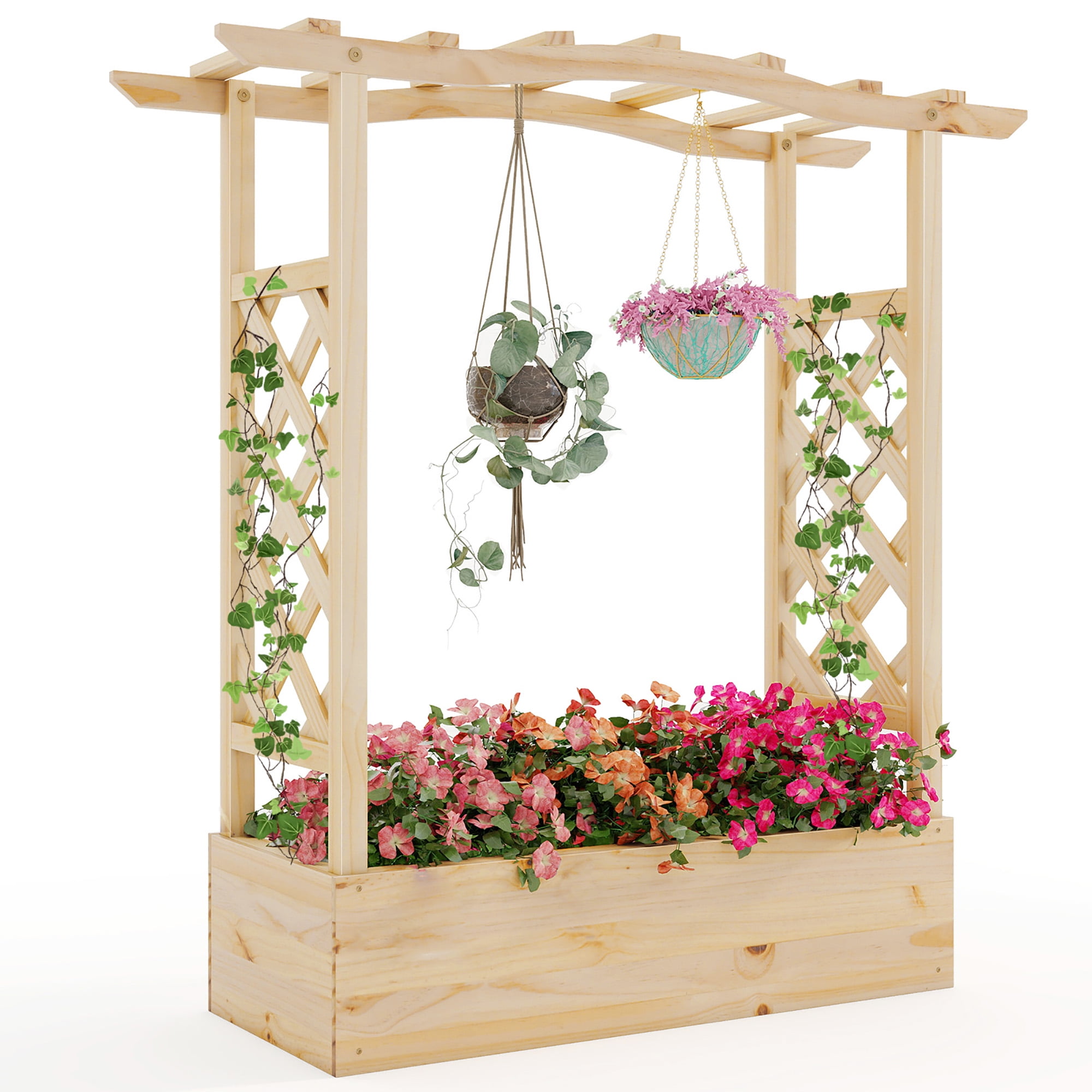 Gymax Wooden Raised Garden Bed w/ Trellis \u0026 Hanging Roof Planter Box Drainage System