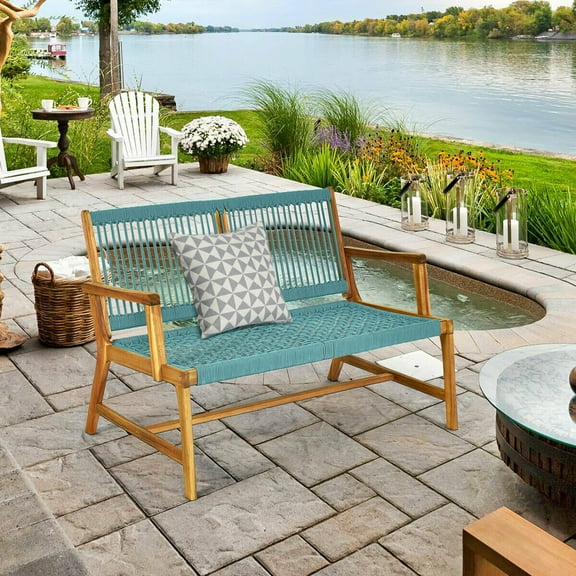 Gymax Wooden Rope Bench Loveseat Patio Garden Outdoor w/ Backrest & Armrest
