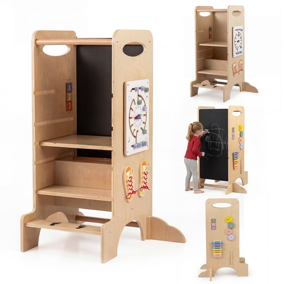 Gymax Wooden Toddler Standing Tower w/Chalkboard Montessori Games 3 Adjustable Heights