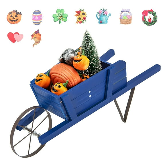 Gymax Wooden Wagon Planter Decorative Indoor/Outdoor Rustic Flower Cart w/Wheel Blue