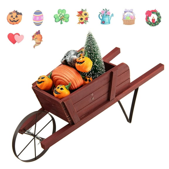 Gymax Wooden Wagon Planter Decorative Indoor/ Outdoor Rustic Flower Cart w/ Wheel Red