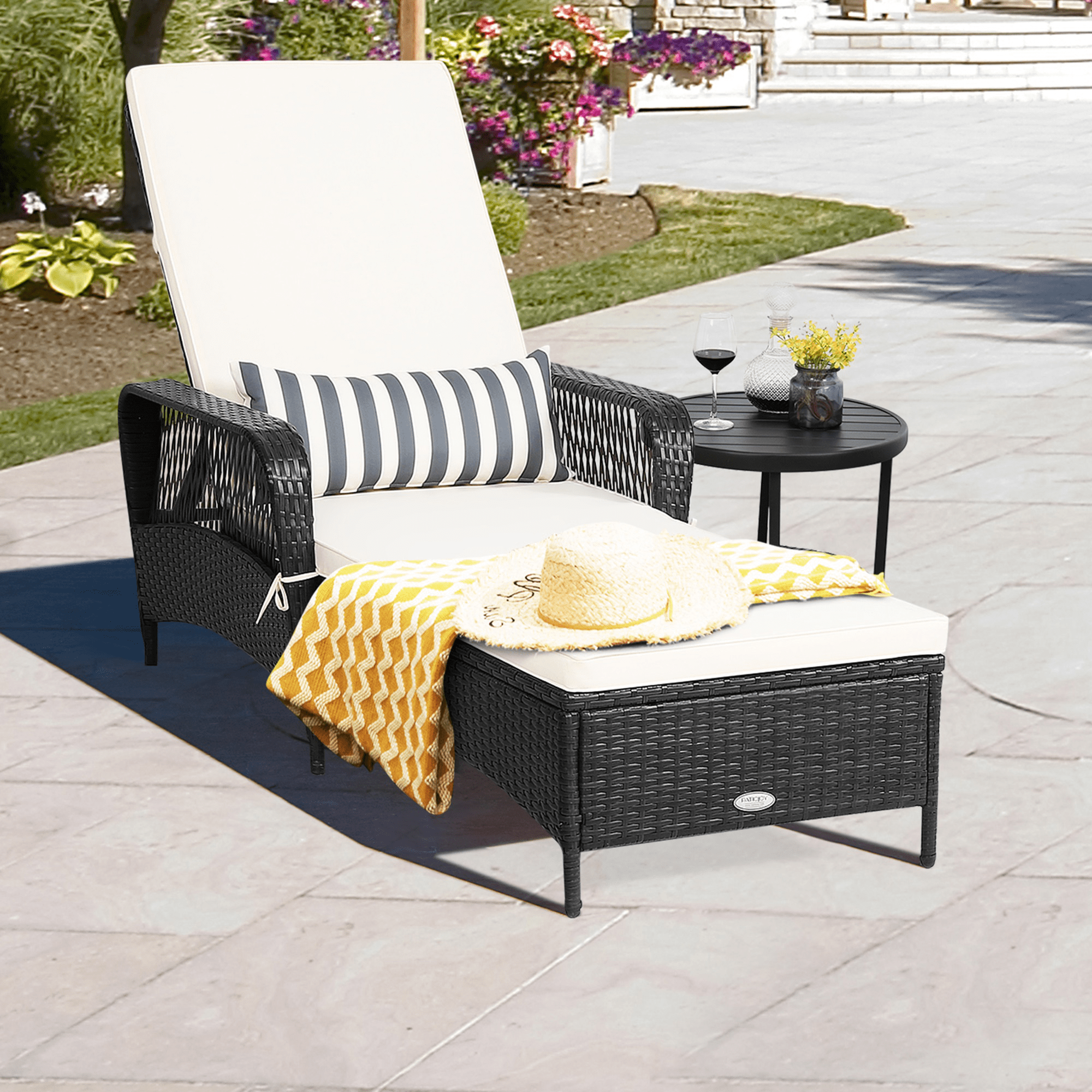 Gymax with Cushion PE Wicker Outdoor Chaise Lounge - Off-White and Black