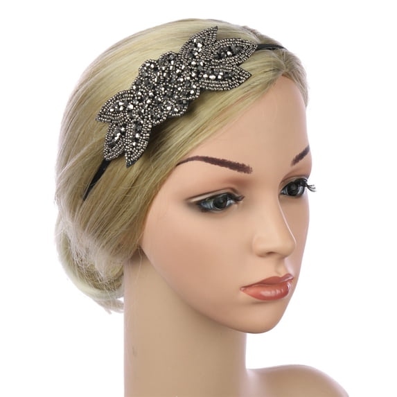 Gymayou 1920s Hair Accessories Beaded Flower Headbands Rhinestone Elastic Hair Hoops for Women Black
