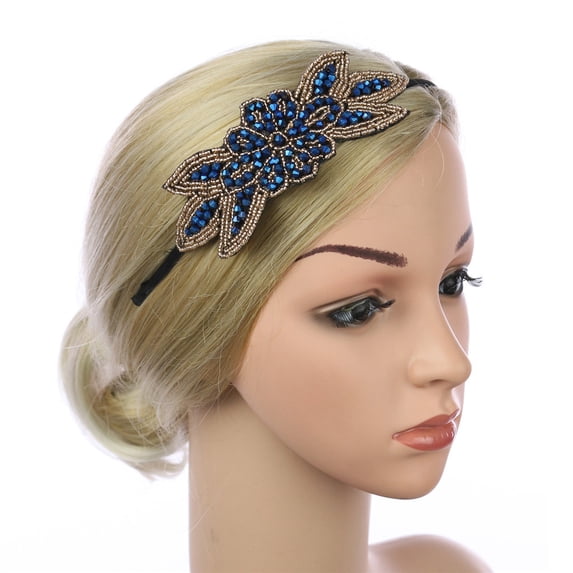 Gymayou 1920s Hair Accessories Beaded Flower Headbands Rhinestone Elastic Hair Hoops for Women Blue