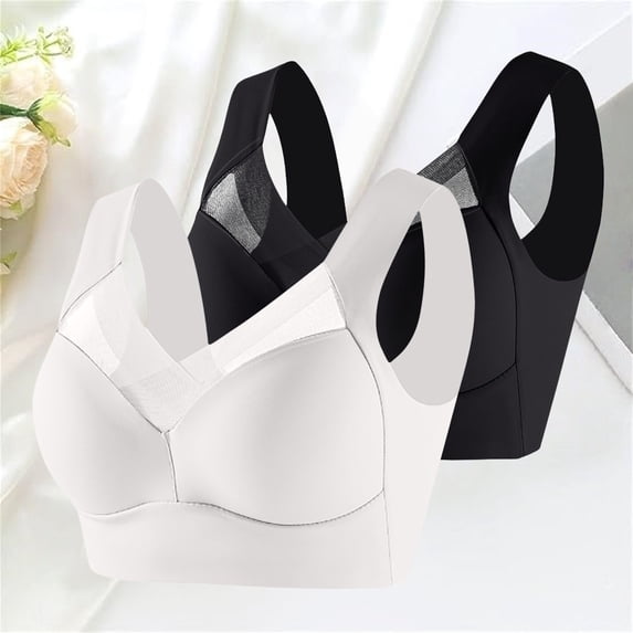 Gymayou 2-PACK Large Size Without Ring Lace Vest Underwear Thin Side Side Breasts Gathered Adjustable Bras Back-Smoothing Sports Bra Black XL