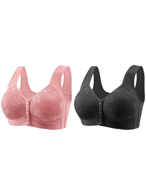 2 Pack Lace Bras for Women Front Closure No Underwire Comfort Bralette Senior Ladies Wireless Snap Closing Bra Beige 2XL