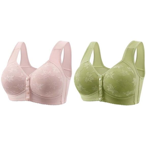Gymayou 2 Pack Lace Bras for Women Front Closure No Underwire Comfort Bralette Senior Ladies Wireless Snap Closing Bra Blue 2XL