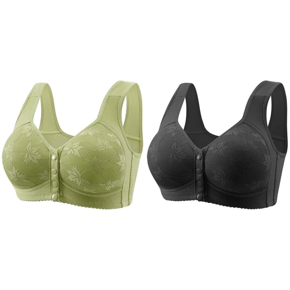 Gymayou 2 Pack Lace Bras for Women Front Closure No Underwire Comfort Bralette Senior Ladies Wireless Snap Closing Bra Red 3XL