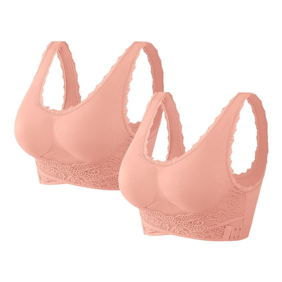 Gymayou 2 Pack Wire Free Full Coverage Comfort Bras For Older Women Front Cross Lace Side Buckle Push Up Bra with Adjustable Strap Pink XL