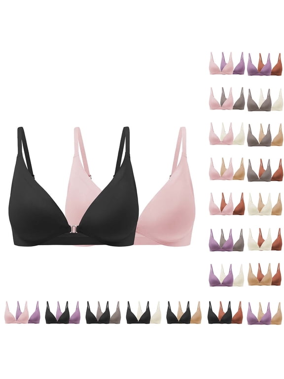 2 Pack Women Front Closure Wireless T-Shirt Bra Seamless Low Cut V-Neck Bralette Lightly Padded Lightweight No Underwire Soft Breathable Bras Beige L
