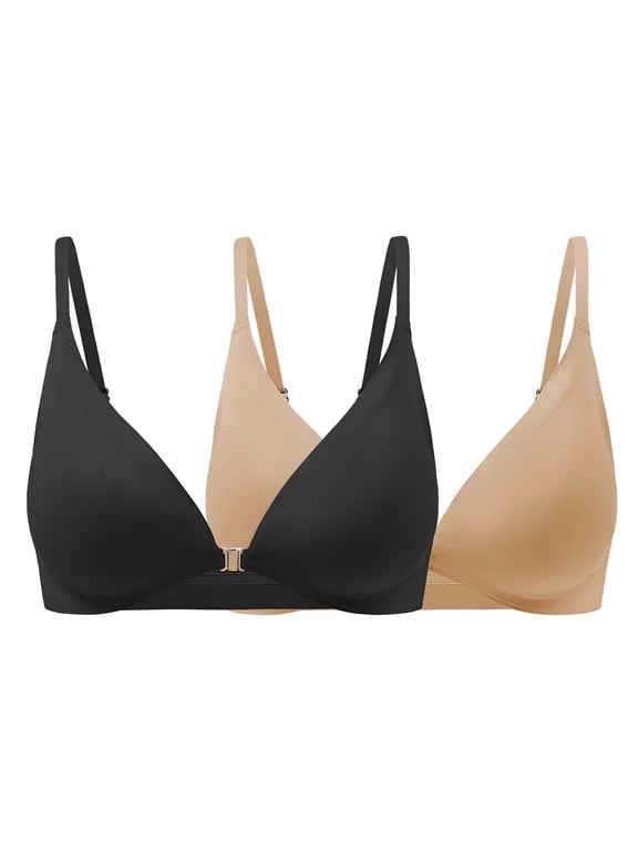 2 Pack Women Front Closure Wireless T-Shirt Bra Seamless Low Cut V-Neck Bralette Lightly Padded Lightweight No Underwire Soft Breathable Bras Dark Blue L