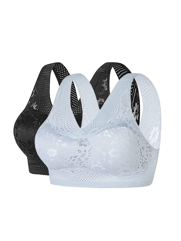 2 Pack Women Lace Wireless Racerback Bra Thin Mesh Seamless Pullover Plus Size Bralette Set No Underwire Side Support Bust Shaper Bronze M