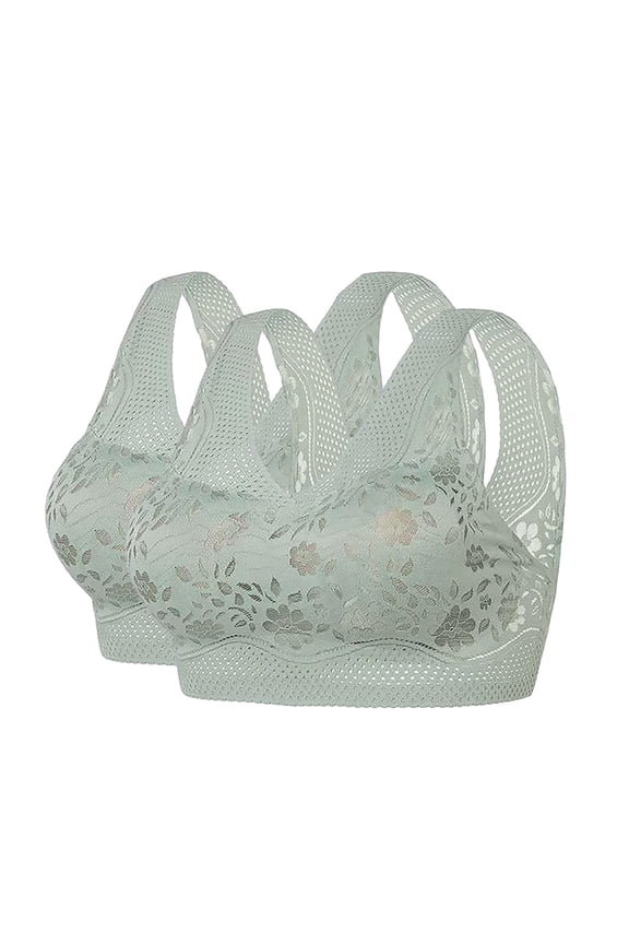 2 Pack Women Lace Wireless Racerback Bra Thin Mesh Seamless Pullover Plus Size Bralette Set No Underwire Side Support Bust Shaper Green 3XL