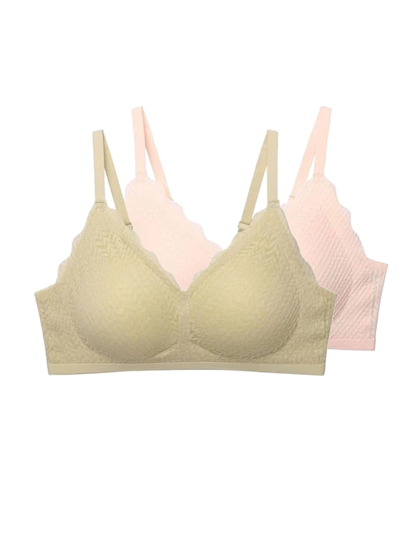 2 Pack Women Wireless Push Up Bra For Small Bust Wavy V Neck Textured Comfort Bralette Adjustable Spaghetti Strap Yellow XL