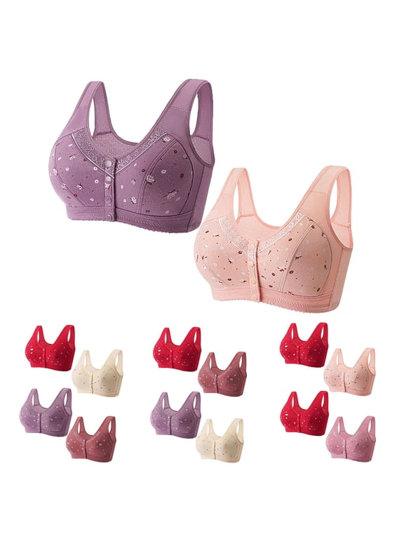 2Pcs Front Closure Bras for Older Women No Underwire Wireless Senior Bra Full Coverage Front Button Comfort Bras Multicolor#1 L