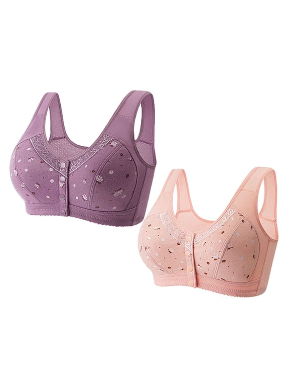 2Pcs Front Closure Bras for Older Women No Underwire Wireless Senior Bra Full Coverage Front Button Comfort Bras Multicolor#5 2XL