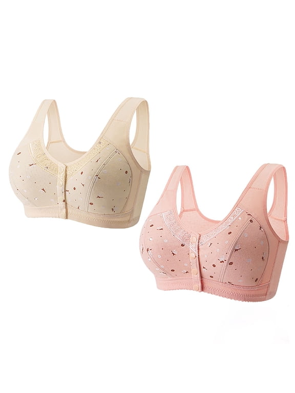 2Pcs Front Closure Bras for Older Women No Underwire Wireless Senior Bra Full Coverage Front Button Comfort Bras Multicolor#8 2XL