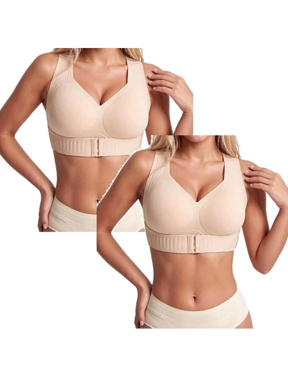 2pcs Posture Bra for Women Wide Strap Back Support Wireless Bra Beige L