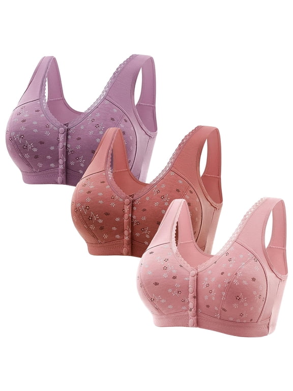 3 Pack Front Snap Closure Bras for Older Women Full Coverage Comfort Wireless Bralettes Wide Strap Support Bras for Elderly Ladies Multicolor #8 XL