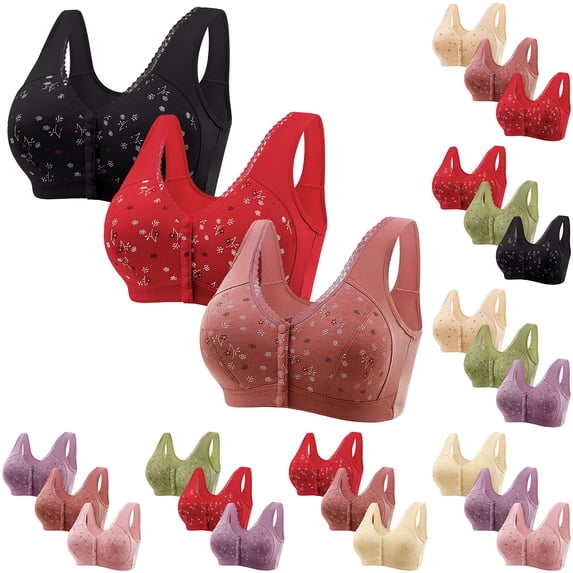 Gymayou 3 Pack Front Snap Closure Bras for Older Women Full Coverage Comfort Wireless Bralettes Wide Strap Support Bras for Elderly Ladies Beige L