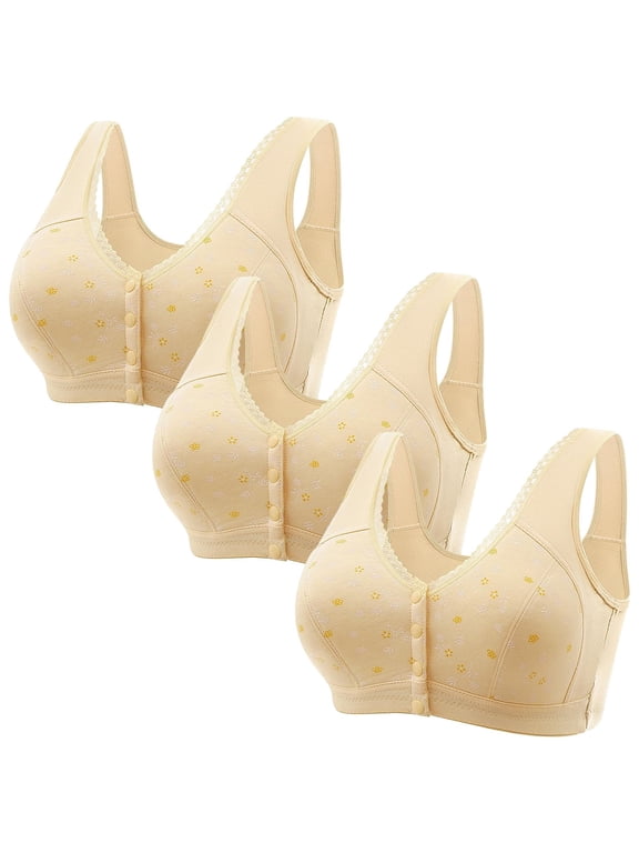 3 Pack Front Snap Closure Bras for Older Women Full Coverage Comfort Wireless Bralettes Wide Strap Support Bras for Elderly Ladies Beige M