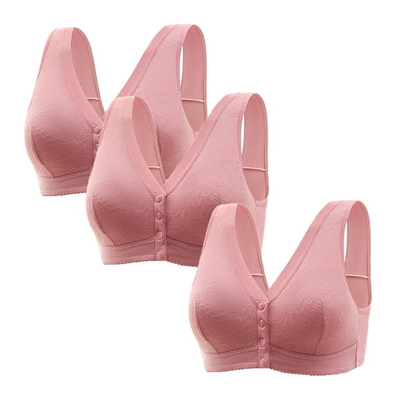 Gymayou 3 Pack Middle Aged Women Front Snap Lace Wireless Bra Comfort Front Closure Bralette Set for Senior Ladies Pink XL