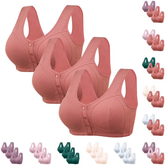 Gymayou 3 Pack Ribbed Bras for Women Front Closure No Underwire Comfort Senior Wireless Snap Closing Bra Wide Strap Support Beige 36