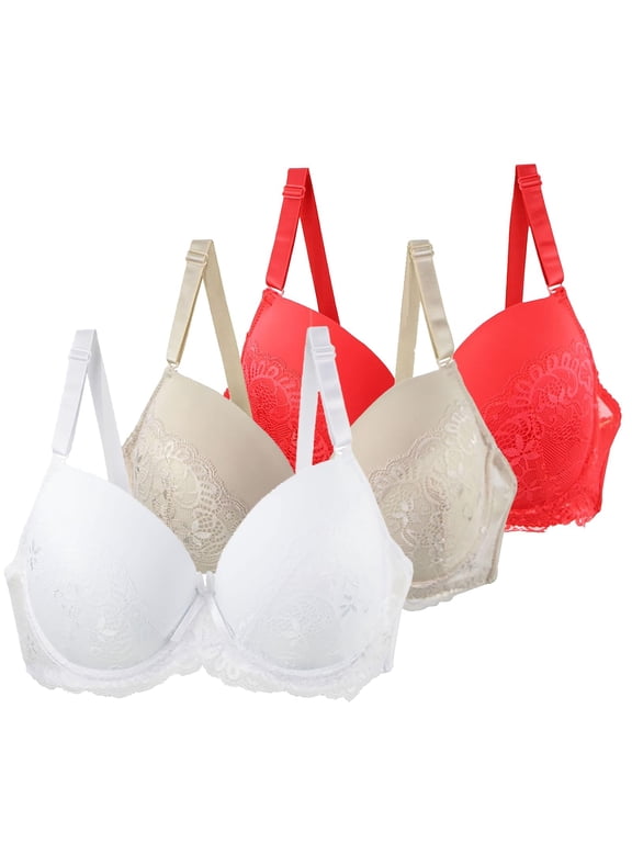 3 Pack Women Floral Lace Minimizer Bra Bundle Underwire Full Coverage Anti Sag Support Bra for Large Bust Gathered Shaping Beige 90C