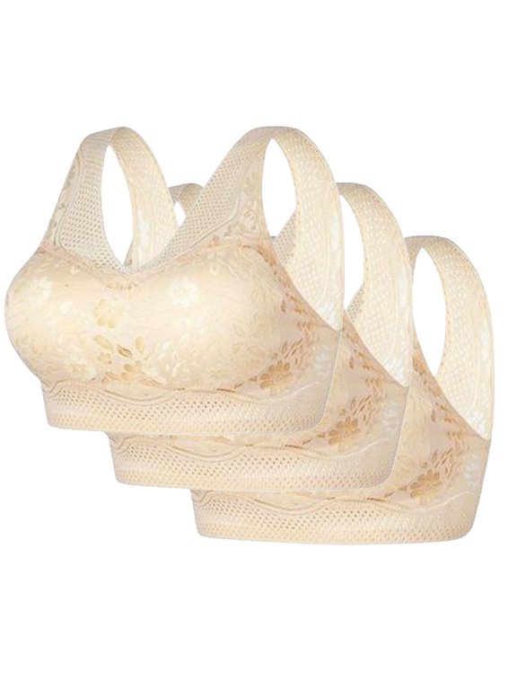 3 Pack Women Lace Wireless Racerback Bra Set Thin Mesh Seamless Pullover Plus Size Bralettes No Underwire Side Support With Removable Pads Beige 2XL