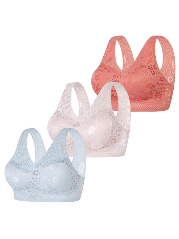 3 Pack Women Lace Wireless Racerback Bra Set Thin Mesh Seamless Pullover Plus Size Bralettes No Underwire Side Support With Removable Pads Gold L