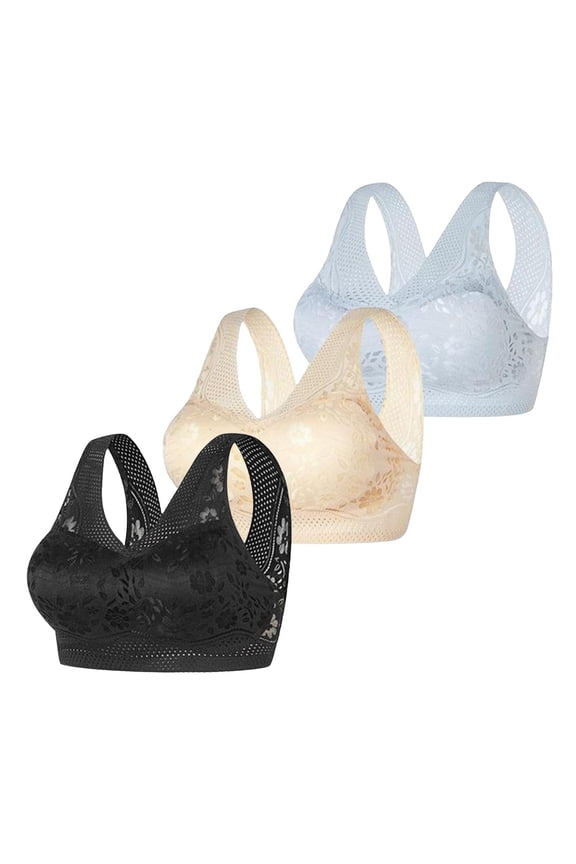 3 Pack Women Lace Wireless Racerback Bra Set Thin Mesh Seamless Pullover Plus Size Bralettes No Underwire Side Support With Removable Pads Hot Pink 3XL