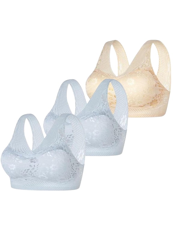 3 Pack Women Lace Wireless Racerback Bra Set Thin Mesh Seamless Pullover Plus Size Bralettes No Underwire Side Support With Removable Pads White L