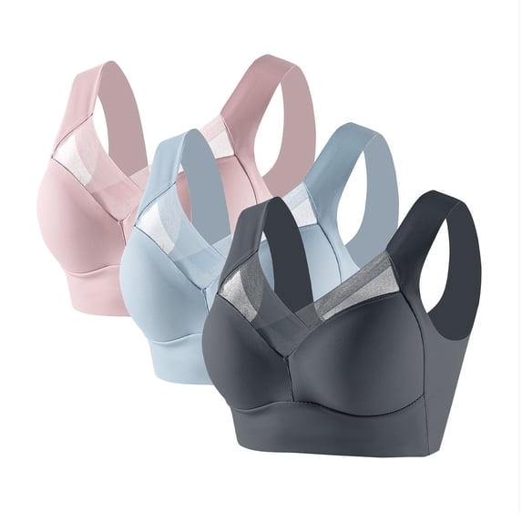 Gymayou 3 Pack Women Seamless Wireless Padded Bras Full Coverage Underarm Smoothing Everyday Bra Breathable Mesh V Neck Posture Correcting Multicolor #15 3XL